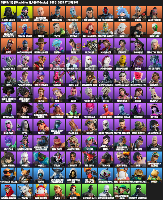 Fortnite Account ( PLAYSTATION / XBOX / PC ) (Darth Vader, Xander, Paradigm (Reality-659), Omegarok, The Origin) (119 Skins)