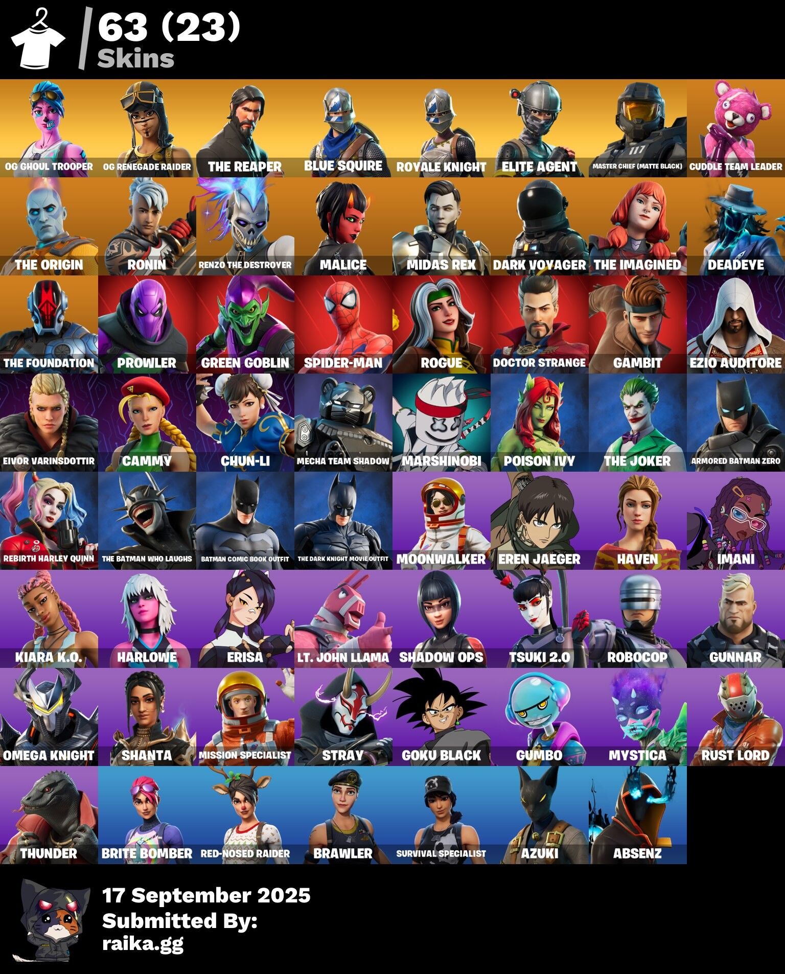 Fortnite Account ( PLAYSTATION / XBOX / PC ) (Og Ghoul Trooper, OG Renegade Raider, The Reaper, Blue Squire, Royale Knight, Elite Agent, Pink Ghoul Trooper) (63 Skins)