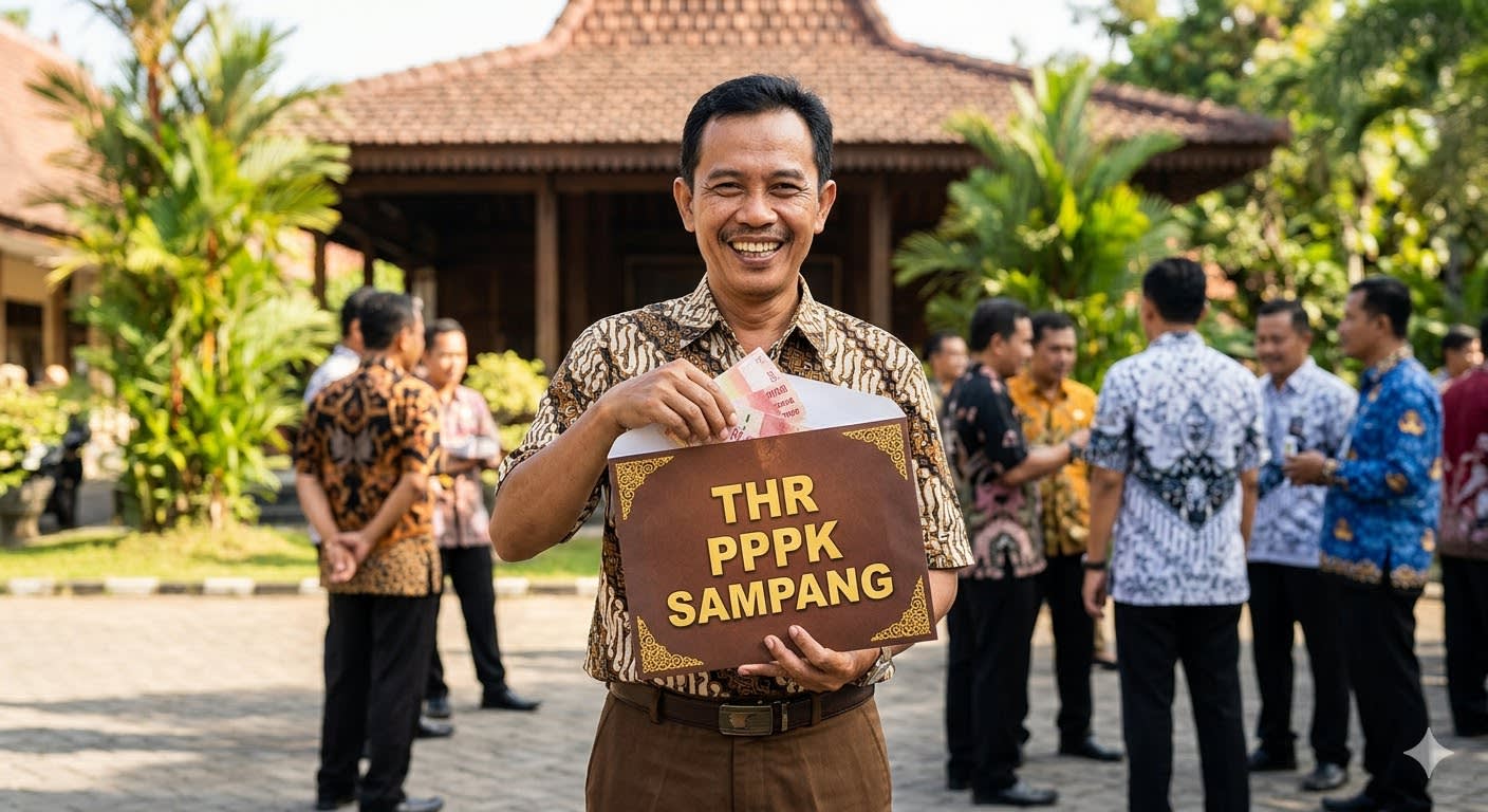 Ekspresi seorang Pegawai Pemerintah dengan Perjanjian Kerja (PPPK) penuh waktu di Kabupaten Sampang usai menerima Tunjangan Hari Raya (THR), Rabu (18/3/2026). Pemkab Sampang mengalokasikan anggaran sebesar Rp6,4 miliar dari APBD untuk 1.662 PPPK penuh waktu, selaras dengan ketentuan PP Nomor 9 Tahun 2026. [Ilustrasi Gambar: Dok. Madura Expose/AI Generate]