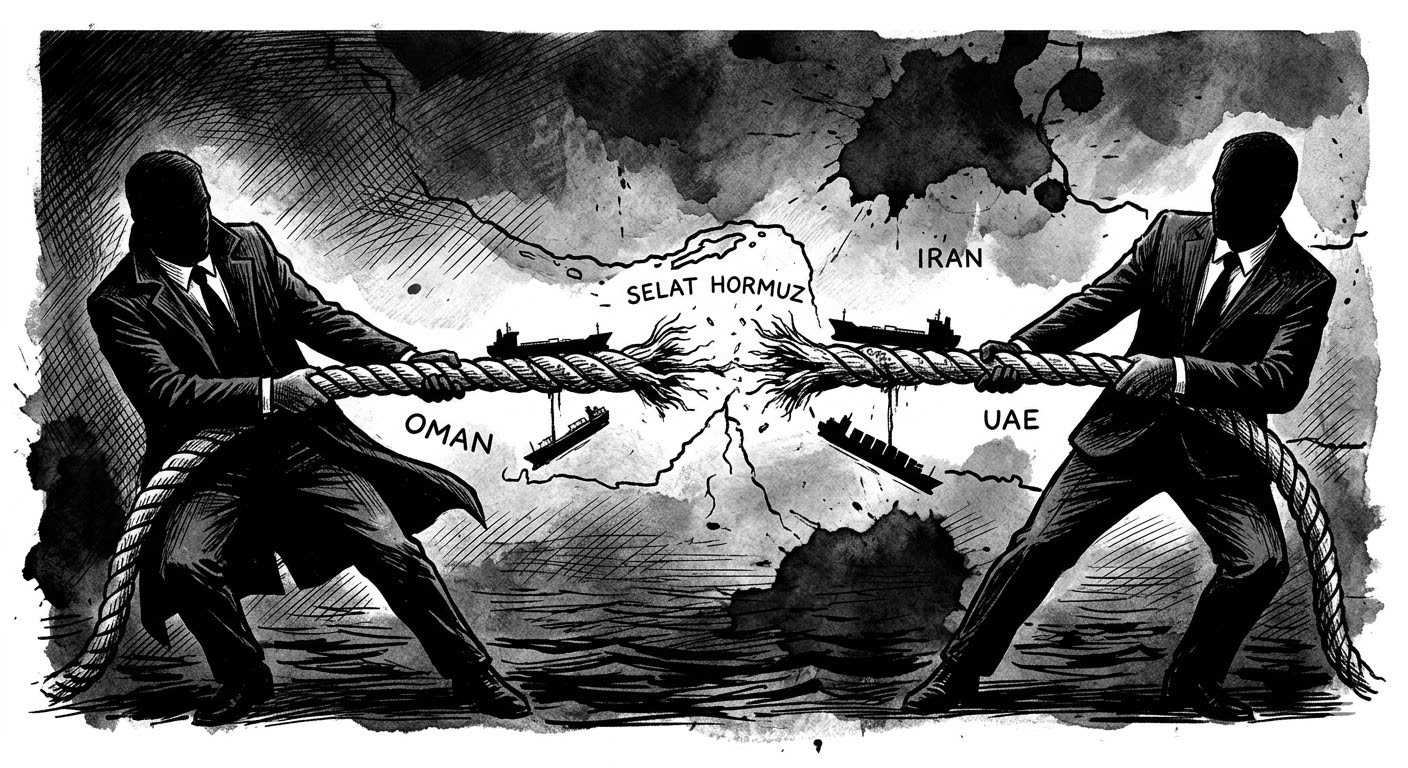 Ilustrasi dramatis pertarungan dua kekuatan global memperebutkan kendali Selat Hormuz, jalur vital pengiriman minyak dunia. Tampak dua sosok berpakaian jas menarik tali yang meregang tegang, melambangkan konflik dan ketegangan di wilayah strategis tersebut. Di tengah ketegangan, siluet kapal tanker minyak terjepit di antara dua kekuatan yang bertikai. Gambar ini menggunakan teknik arsir dan ink blot, menciptakan kesan mendalam dan serius. (Foto: MaduraExpose/Repro) Ilustrasi dramatis pertarungan dua kekuatan global memperebutkan kendali Selat Hormuz, jalur vital pengiriman minyak dunia. Tampak dua sosok berpakaian jas menarik tali yang meregang tegang, melambangkan konflik dan ketegangan di wilayah strategis tersebut. Di tengah ketegangan, siluet kapal tanker minyak terjepit di antara dua kekuatan yang bertikai. Gambar ini menggunakan teknik arsir dan ink blot, menciptakan kesan mendalam dan serius. (Foto: MaduraExpose/Repro)