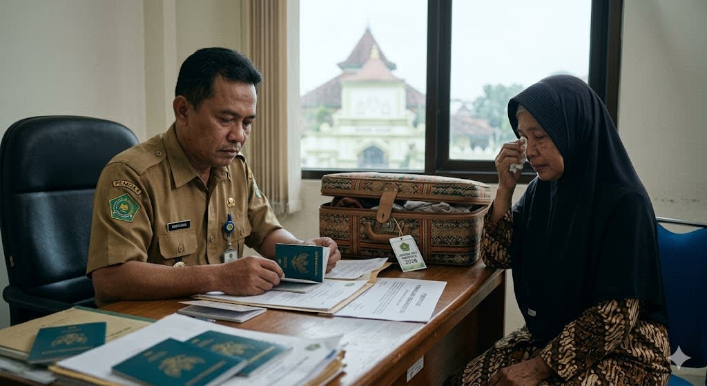 "Sebuah mimpi yang harus tertunda, bahkan terhenti oleh garis takdir. Ilustrasi ini menggambarkan duka mendalam administrasi haji ketika impian ke Tanah Suci terpaksa dilepaskan karena panggilan Ilahi yang lebih dulu tiba. Doa terbaik untuk mereka yang berpulang sebelum menunaikan ibadah."[Dok. Madura Expose/AI]