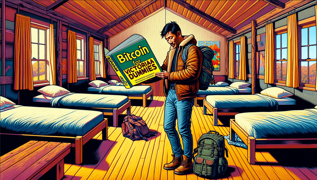 Young man in a cabin holding a large Bitcoin For Dummies book