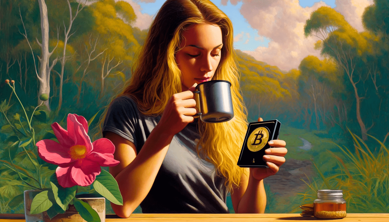 A young woman having a cup of tea holding a bitcoin book