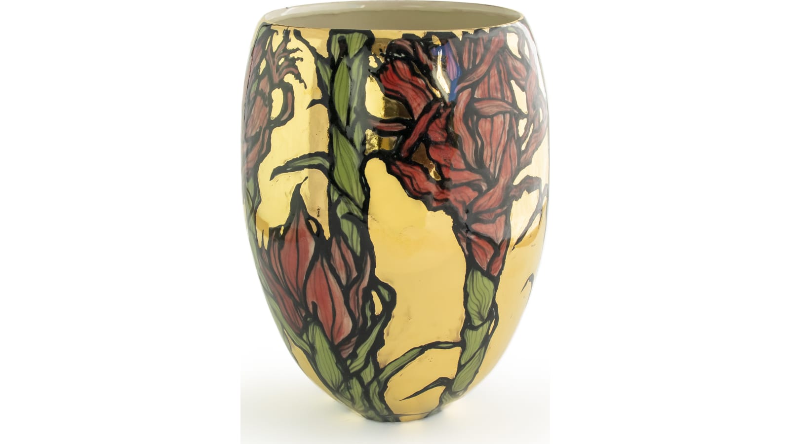 Gymea Lily golden vessel prepared for a ceramics exhibition