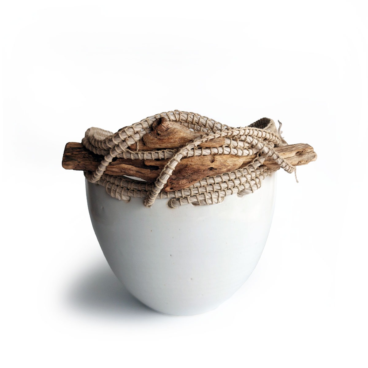 ClayWeave - White Bowl with Rope and Driftwood