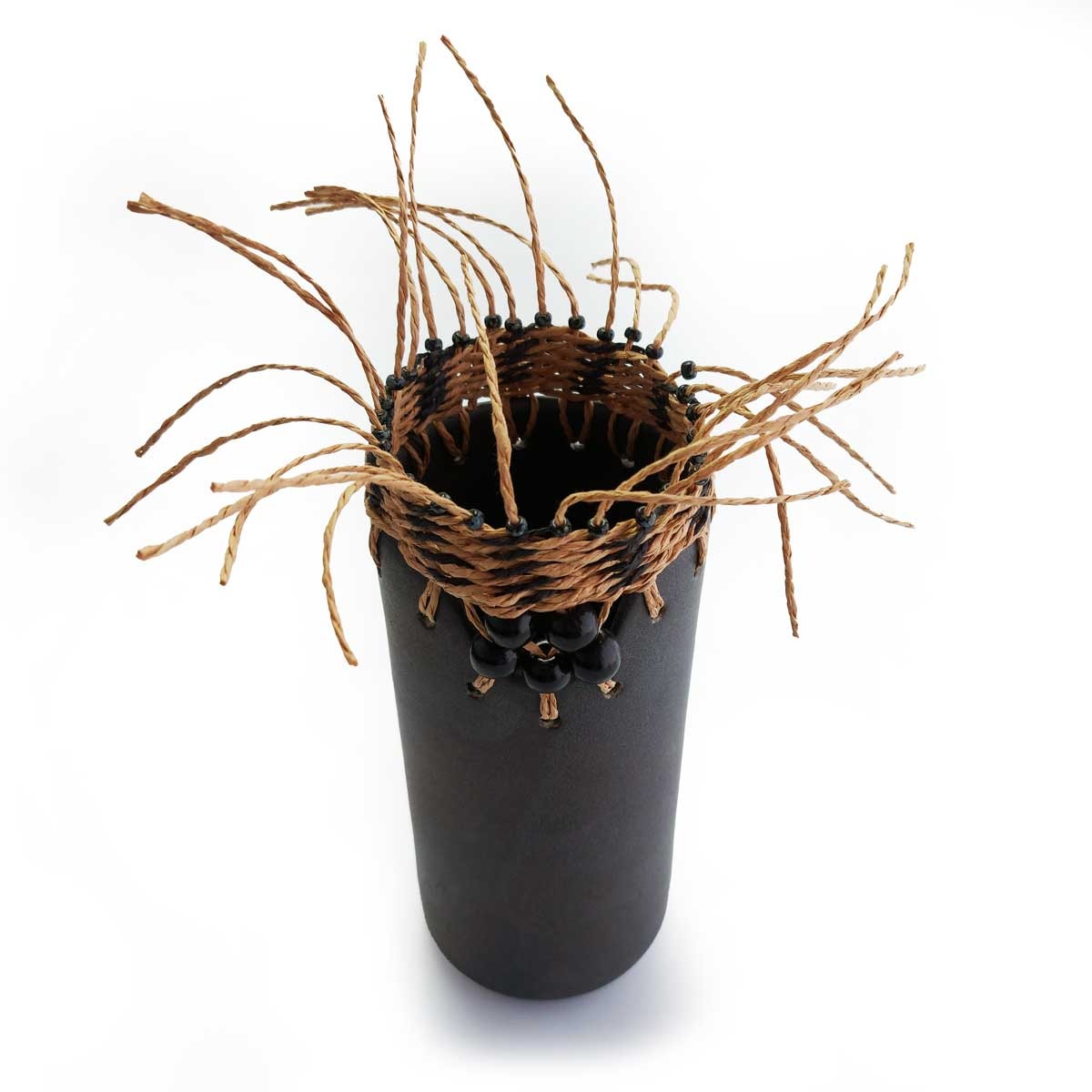 ClayWeave - Black Vessel with Jute and Black Beads
