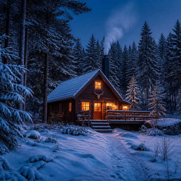 Cabin in snowy pine forest at blue hour with lit windows