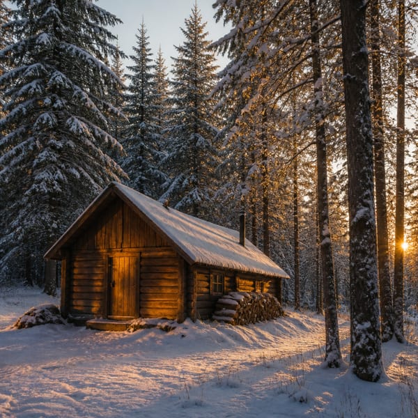 Cabin in snowy pine forest at golden hour