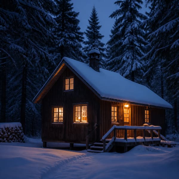Cabin in snowy pine forest at night, all light from windows