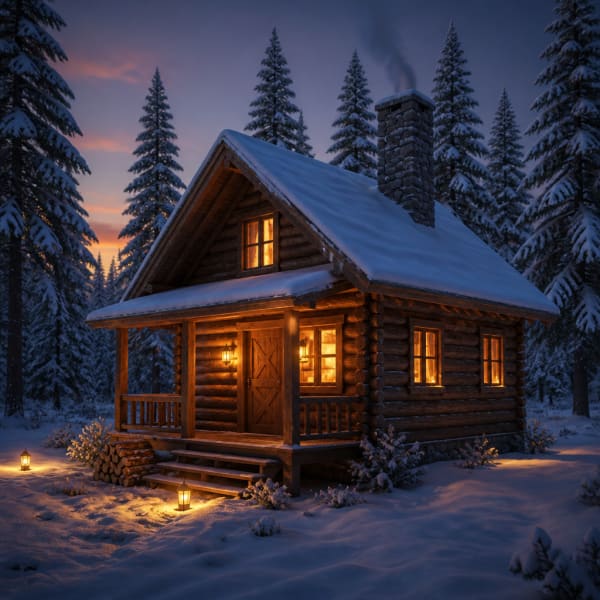 Cabin in snowy pine forest, 3D octane render style