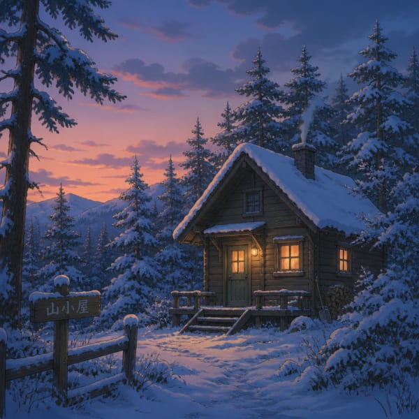 Cabin in snowy pine forest, anime Studio Ghibli style
