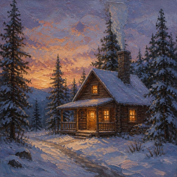 Cabin in snowy pine forest, oil painting style