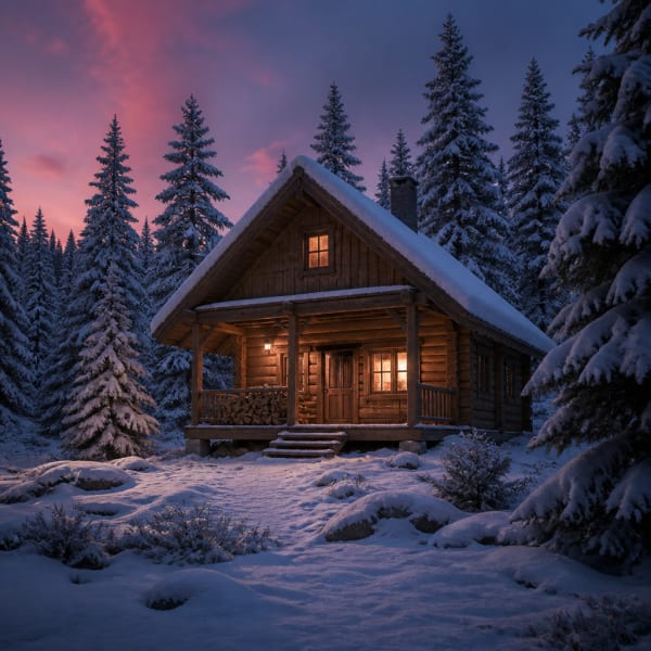 Cabin in snowy pine forest, photorealistic photography style