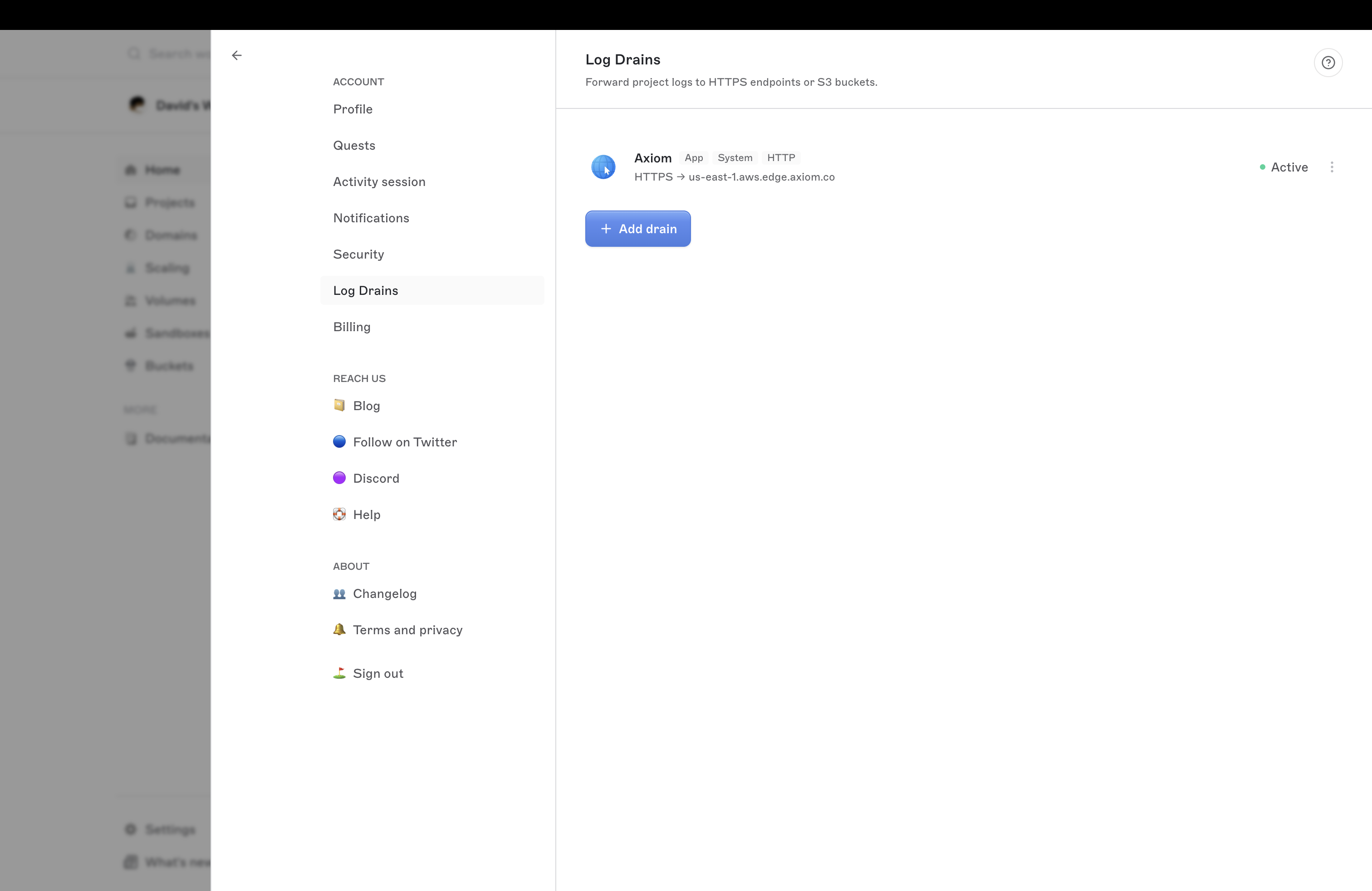 Brimble Log Drains UI showing a project subscribed to a team-level HTTPS or S3 drain