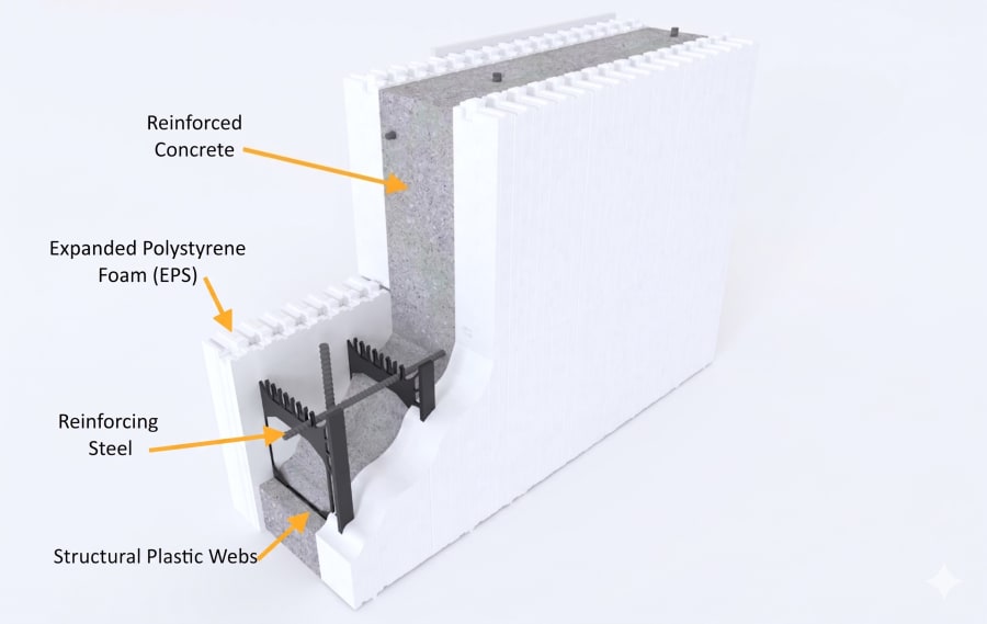 ICF wall cross-section diagram showing EPS foam panels, reinforced concrete core, and structural plastic webs