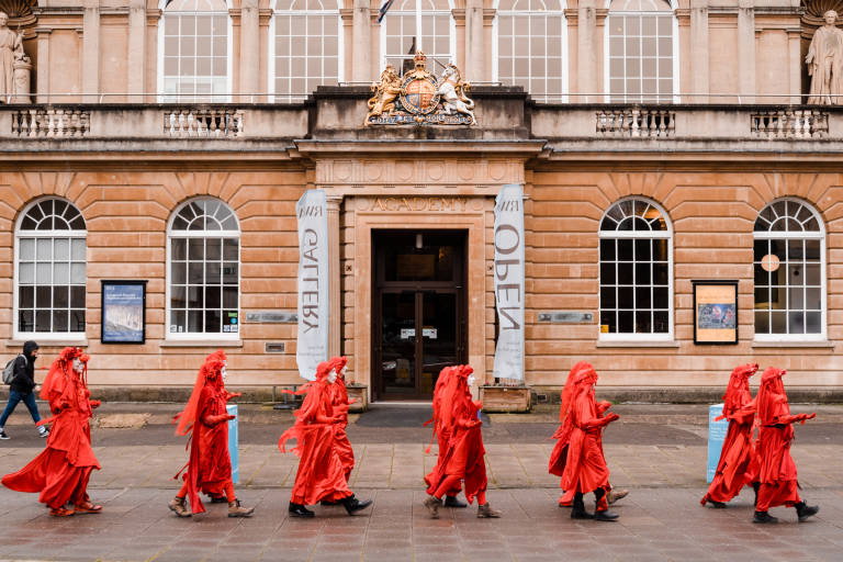 Red Rebel Brigade at a protest against the expansion of Bristol Airport, Bristol, January 2020. Photograph Copyright &copy; Simon Holliday