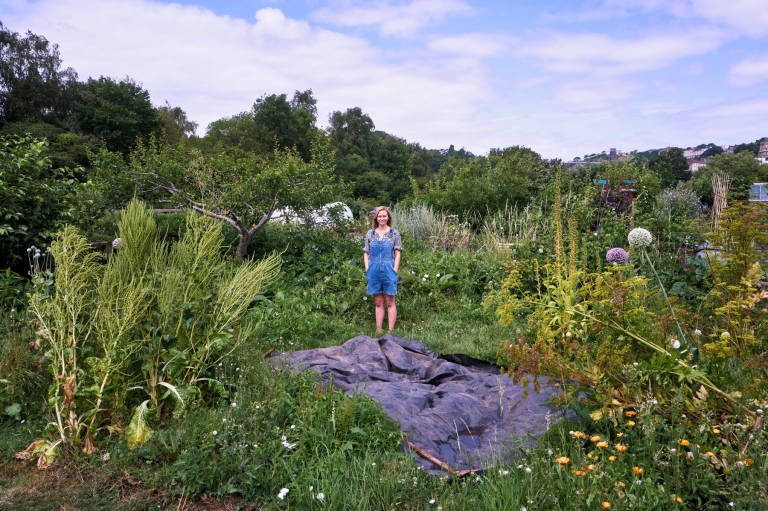 Georgina on her new allotment, Bristol, July 2023. Photograph Copyright © Simon Holliday