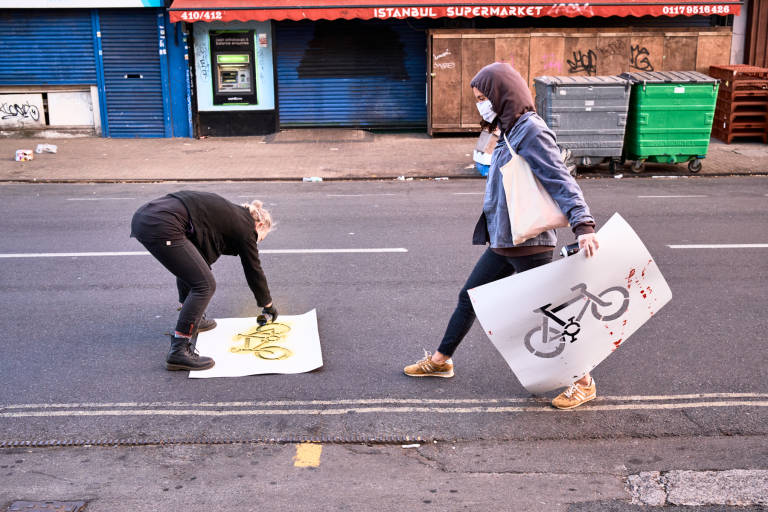 Extinction Rebellion - Pop-up Cycle Lanes, Bristol, June 2020. Photograph Copyright &copy; Simon Holliday