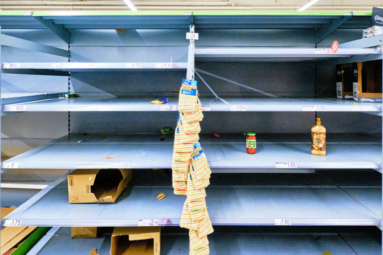Supermarket shelves during the Coronavirus outbreak, Asda, Bristol, 18th March 2020. Photograph Copyright &copy; Simon Holliday