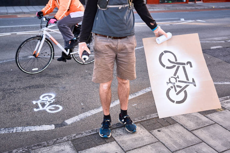 Extinction Rebellion - Pop-up Cycle Lanes, Bristol, June 2020. Photograph Copyright &copy; Simon Holliday
