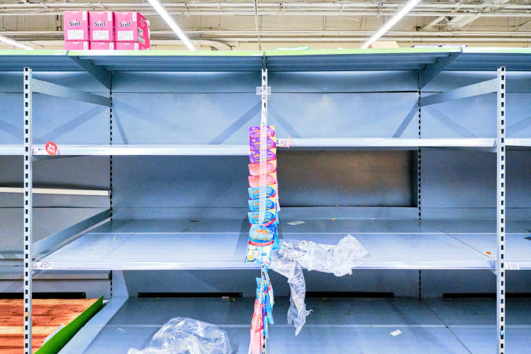 Supermarket shelves during the Coronavirus outbreak, Asda, Bristol, 18th March 2020. Photograph Copyright &copy; Simon Holliday