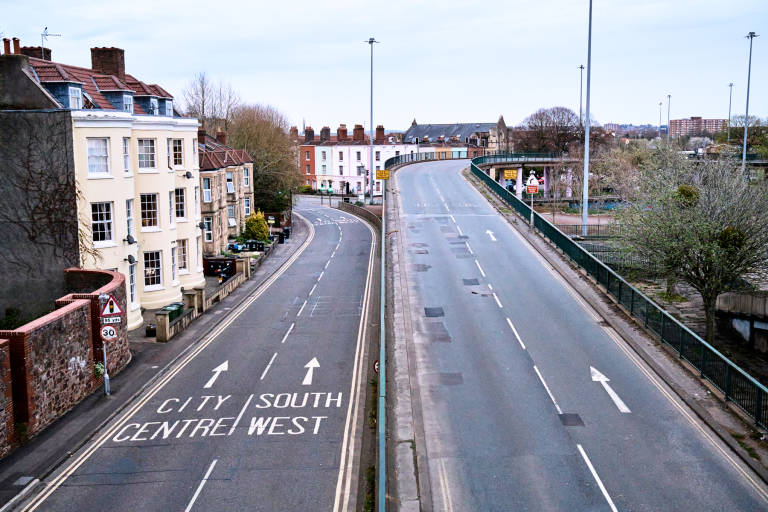 Hotwell Road / Cabot Way. Bristol during COVID-19 lockdown, April 2020. Photograph Copyright © Simon Holliday