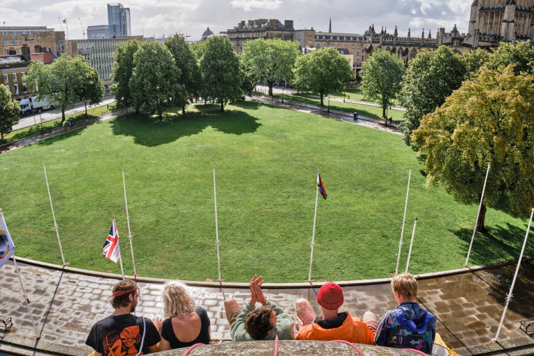 Activists from Extinction Rebellion on the morning of their fourth day occupying the tower at City Hall to demand legal air quality standards in Bristol, 28th June 2020. Photograph Copyright &copy; Simon Holliday