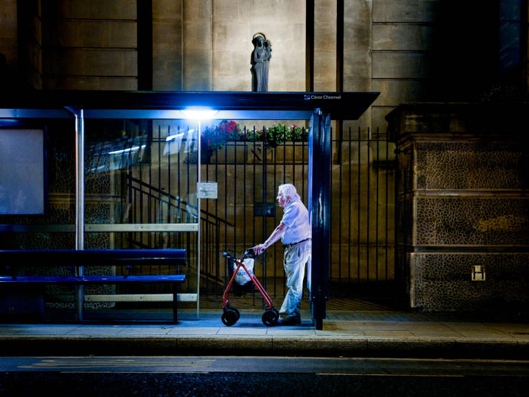 Bus stop outside St. Mary on the Quay Catholic Church, Bristol, June 2021. Photograph Copyright © Simon Holliday