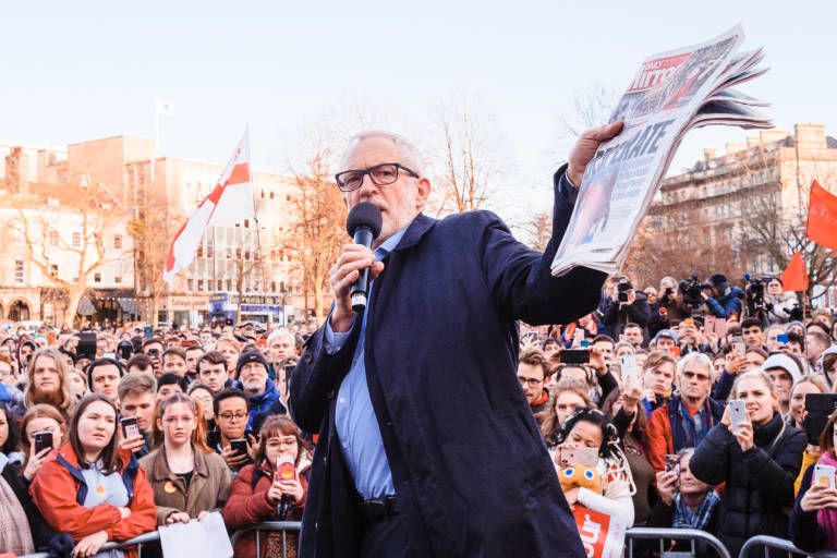 UK Labour leader Jeremy Corbyn speaking at a rally on College Green, Bristol, December 2019. Photograph Copyright &copy; Simon Holliday