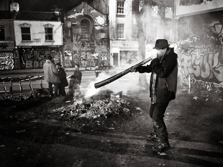 Turbo Island, Bristol - Didgeridoo being played by a man named Midnite, New Year&#039;s Eve, December 2021. Photograph Copyright &copy; Simon Holliday