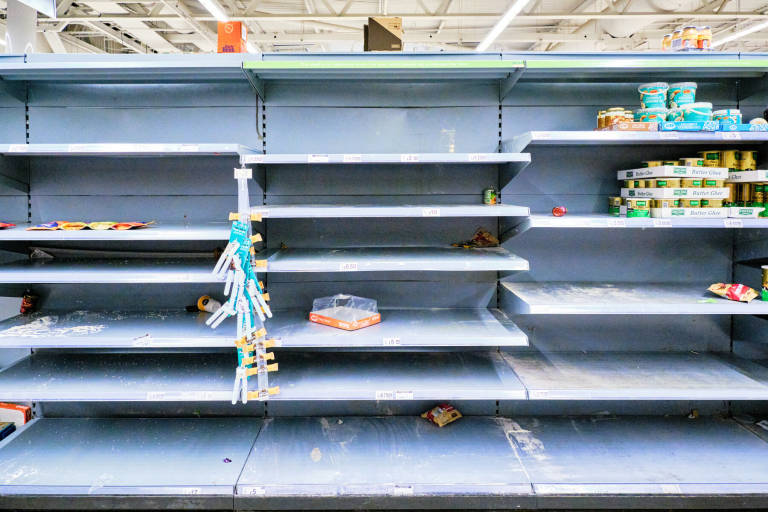 Supermarket shelves during the Coronavirus outbreak, Asda, Bristol, 18th March 2020. Photograph Copyright &copy; Simon Holliday