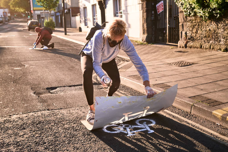 Extinction Rebellion - Pop-up Cycle Lanes, Bristol, June 2020. Photograph Copyright &copy; Simon Holliday