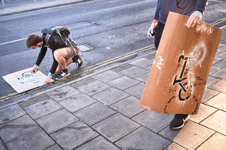 Extinction Rebellion - Pop-up Cycle Lanes, Bristol, June 2020. Photograph Copyright &copy; Simon Holliday