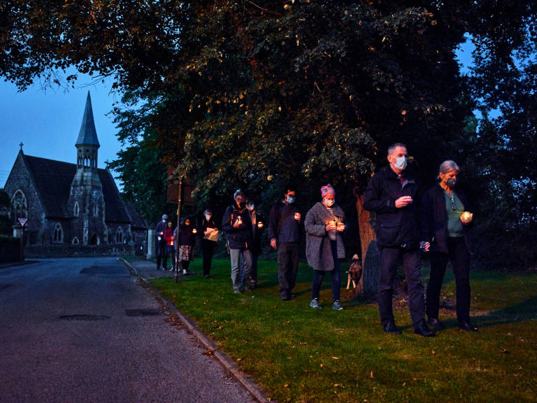 Candlelit procession to Eastwood Park Prison to hold a vigil for retired Bristol GP Diana Warner, Falfield, September 2020. Photograph Copyright &copy; Simon Holliday