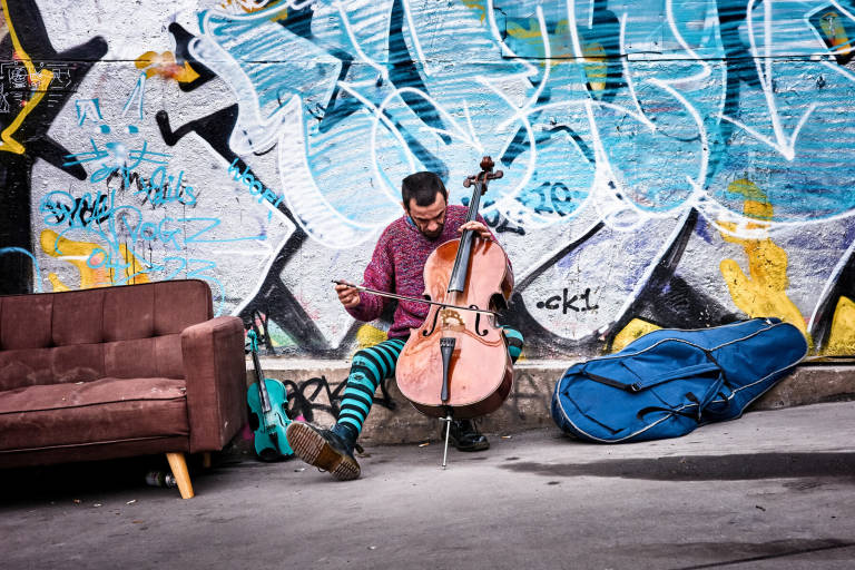 Paulo playing cello on Turbo Island, Bristol, February 2023. Photograph Copyright &copy; Simon Holliday