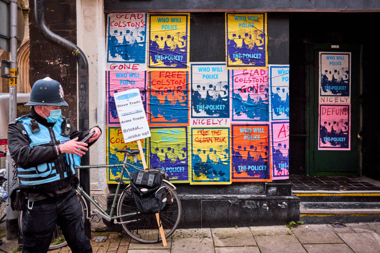 Outside Bristol Crown Court on the opening day of the trial of the &quot;Colston Four&quot;, December 2021. Photograph Copyright &copy; Simon Holliday