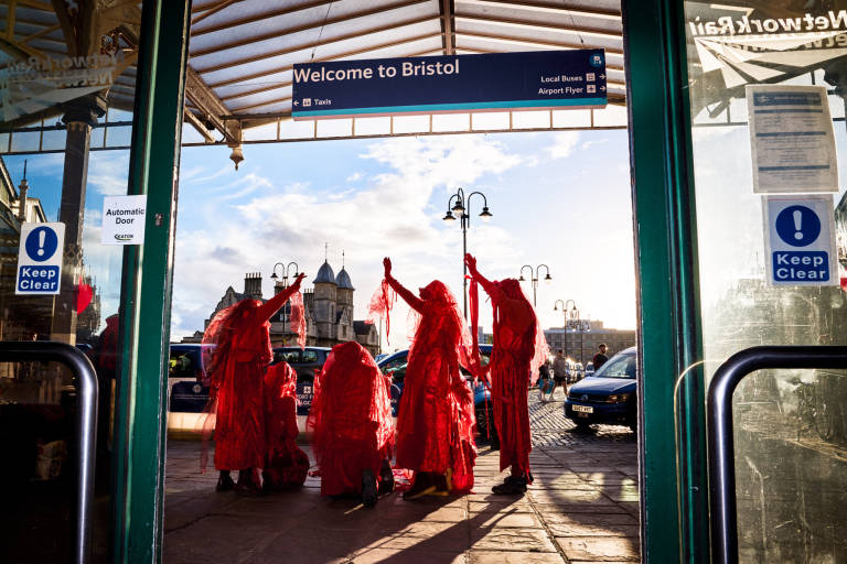 Red Rebel Brigade&#039;s Relay to COP26, Bristol, October 2021. Photograph Copyright &copy; Simon Holliday