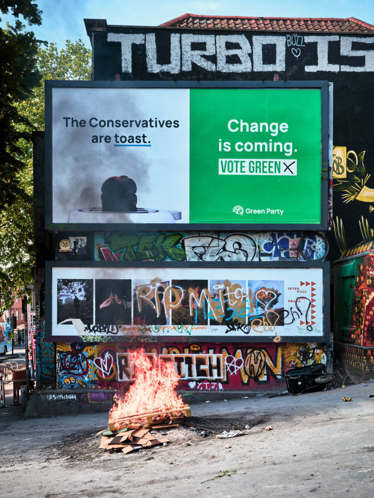 Green Party election billboard on Turbo Island, Bristol, June 2024. Photograph Copyright &copy; Simon Holliday