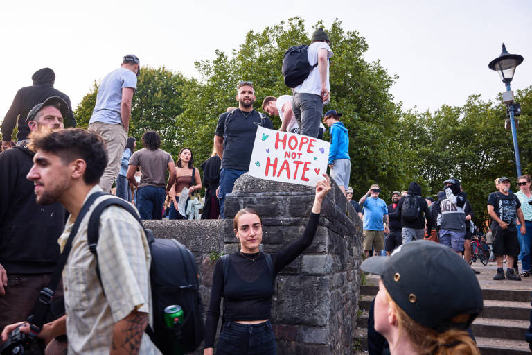 Far-right anti-immigration protest and counter-protest, Bristol, August 2024. Photograph Copyright &copy; Simon Holliday