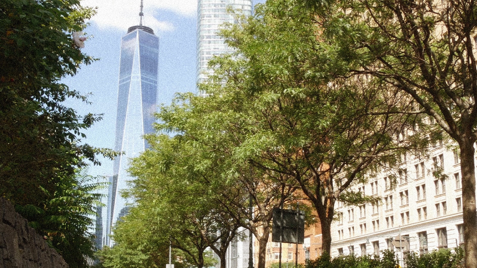 One World Trade Center skyscraper seen through green trees, with other buildings in the background.