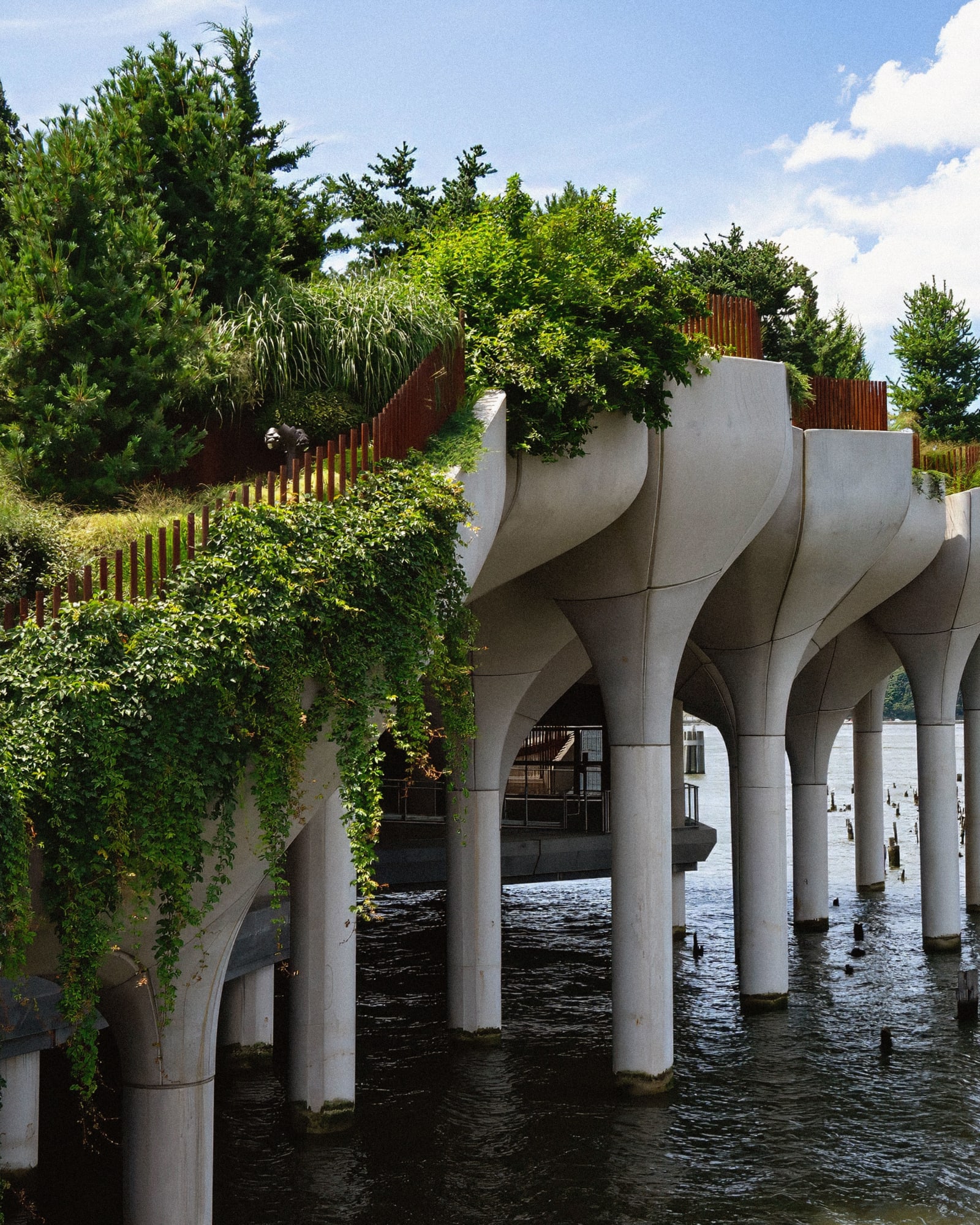An elevated park on concrete pillars over water, covered in lush green trees and vines under a blue sky.