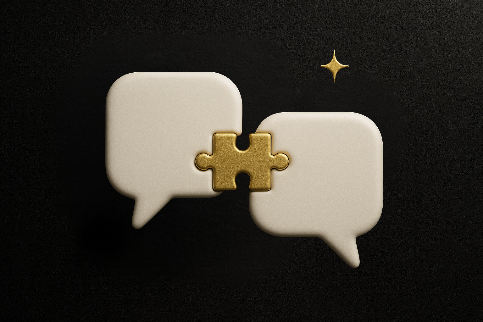 Two chat bubbles connecting with a gold puzzle piece showing interactive learning