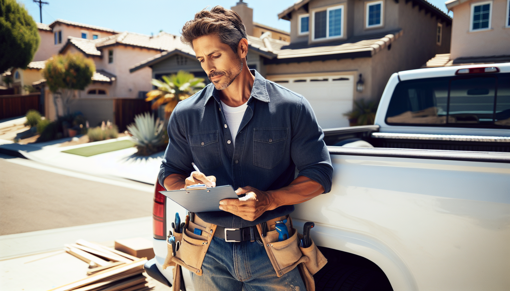AI automation for LA contractors - contractor reviewing leads on tablet at a Los Angeles job site