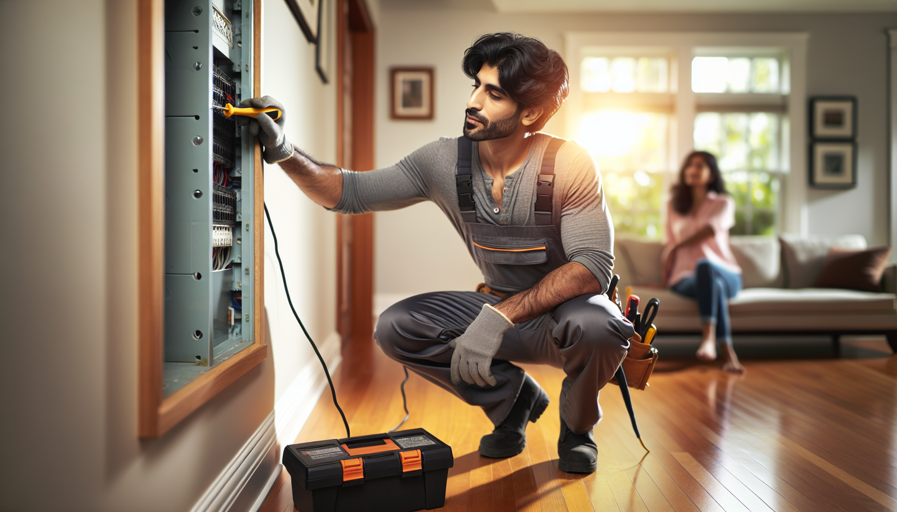 AI receptionist for electricians - electrician checking phone while working on residential circuit breaker panel