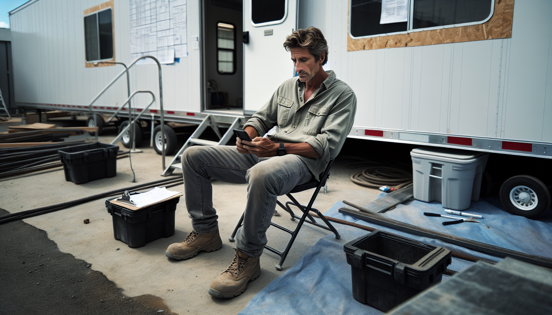 AI receptionist for contractors - general contractor on phone outside site office trailer