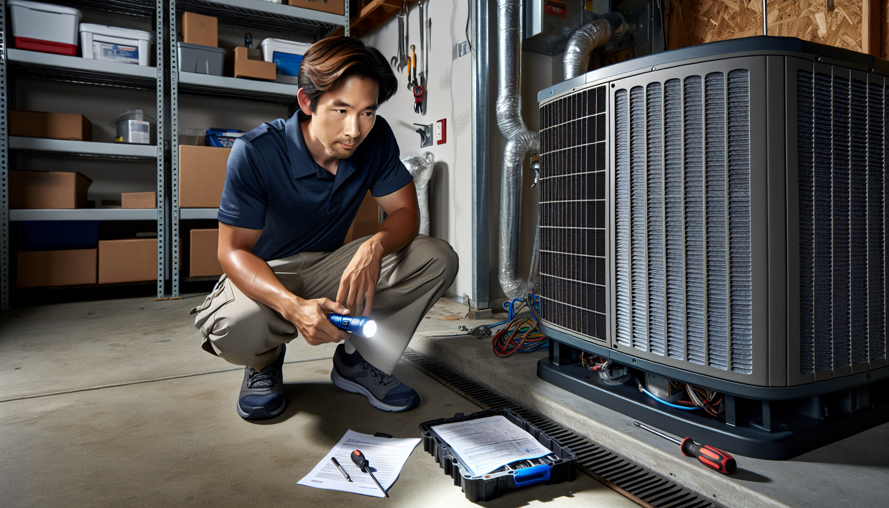 Long Beach HVAC book more jobs - HVAC technician checking indoor air handler condensate drain in garage