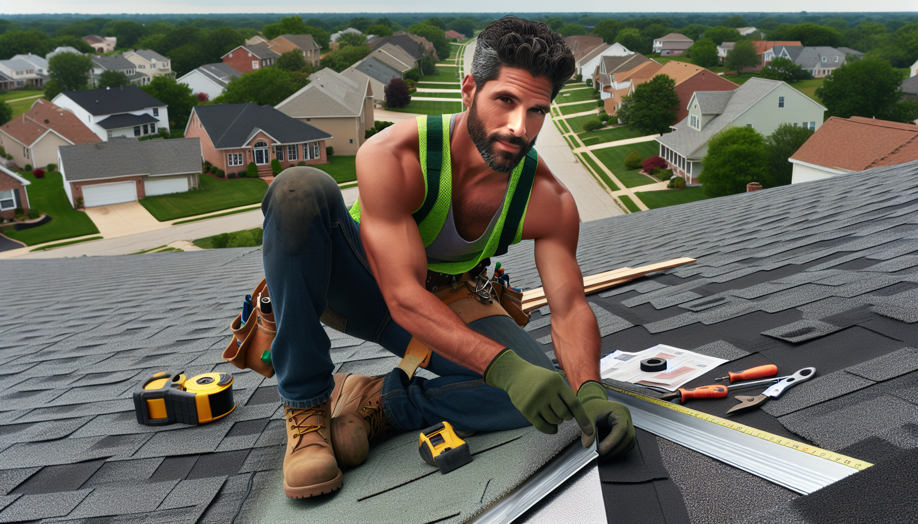 never miss roofing lead after hours - roofer crouching on residential roof examining flashing seam near valley