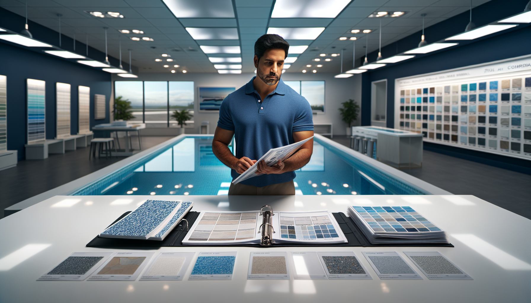 pool builder book more consultations - pool builder comparing tile samples at showroom counter with design binder
