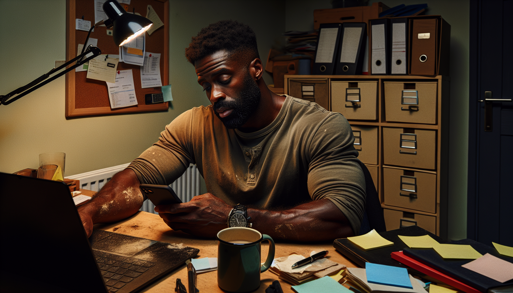 gohighlevel-for-contractors - Black contractor at home office desk with messy manual sticky notes vs clean CRM laptop