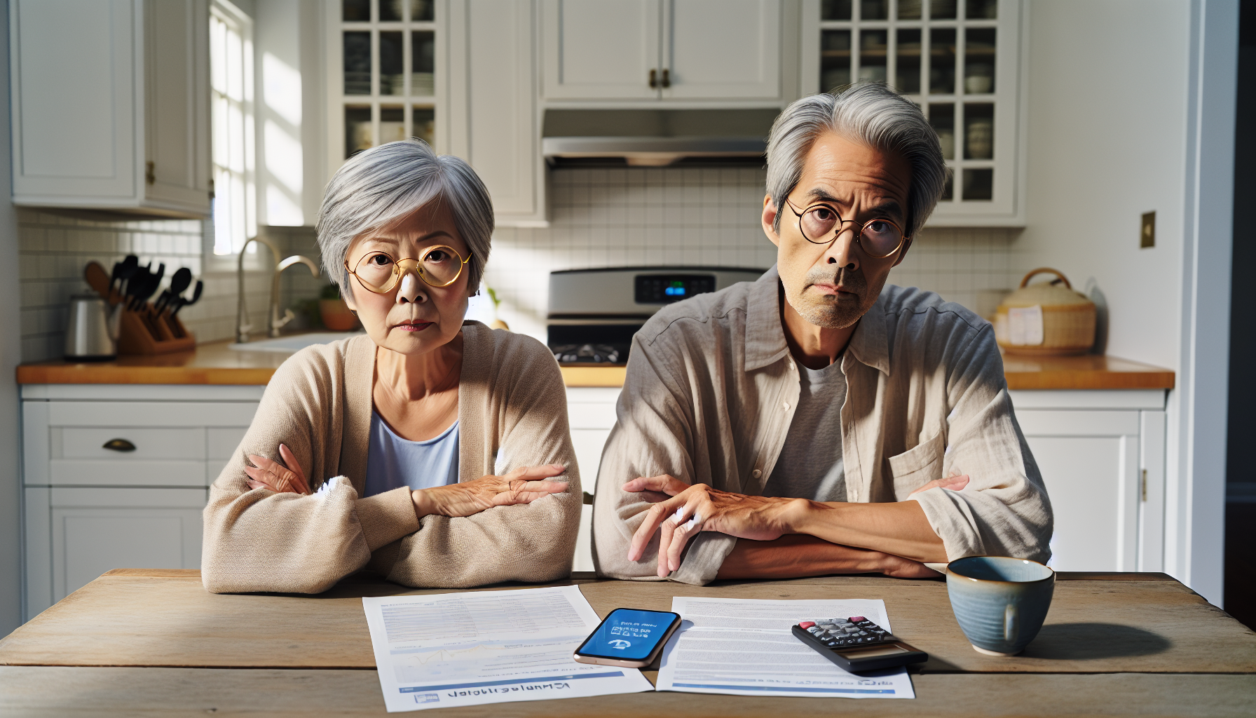 financial-advisors-lose-clients-slow-follow-up - frustrated retired East Asian couple at kitchen table with missed call notification on phone